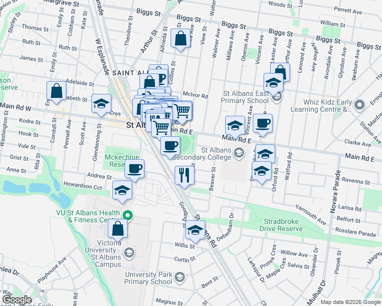 map of restaurants, bars, coffee shops, grocery stores, and more near 4 Percy Street in Saint Albans