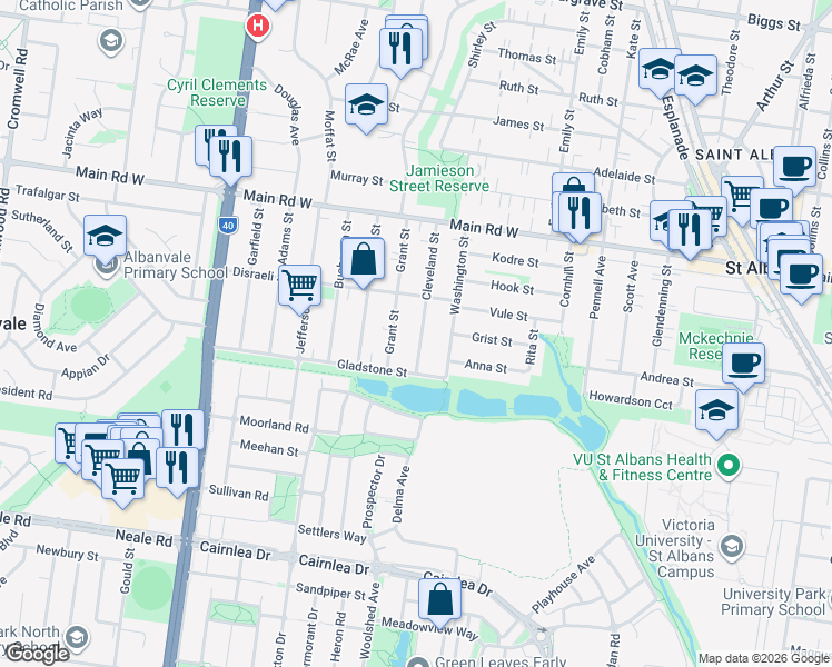 map of restaurants, bars, coffee shops, grocery stores, and more near 13 Cleveland Street in St Albans