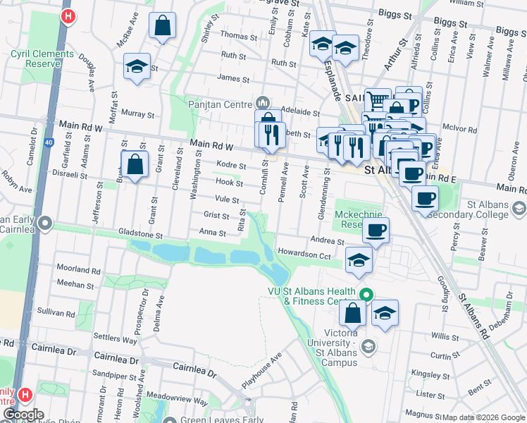 map of restaurants, bars, coffee shops, grocery stores, and more near 2 Cornhill Street in Saint Albans