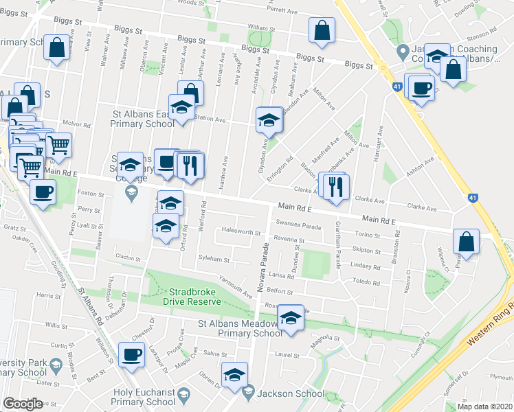 map of restaurants, bars, coffee shops, grocery stores, and more near 221 Main Road East in St Albans
