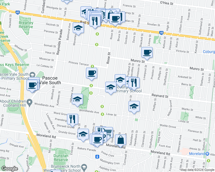 map of restaurants, bars, coffee shops, grocery stores, and more near 276 Reynard Street in Coburg