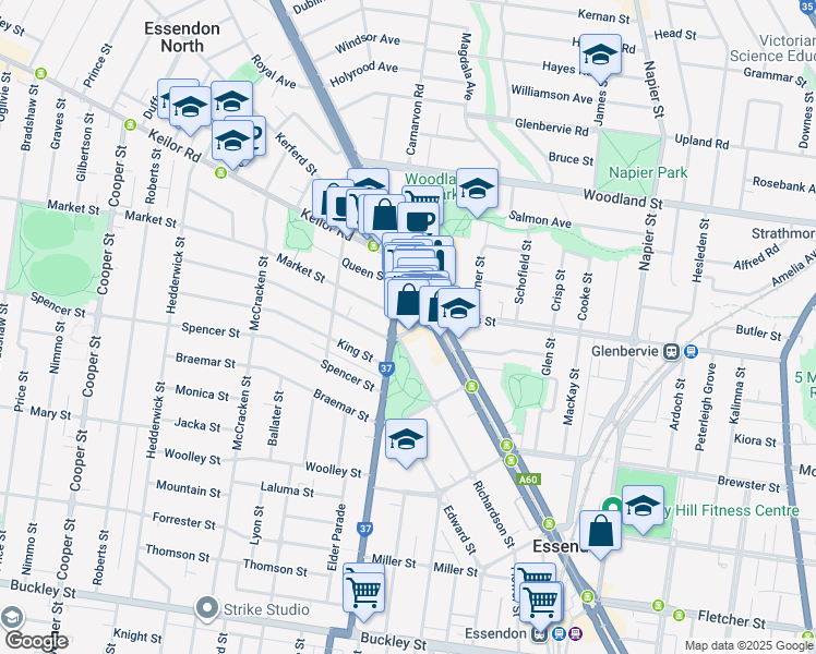 map of restaurants, bars, coffee shops, grocery stores, and more near 16 Leake Street in Essendon