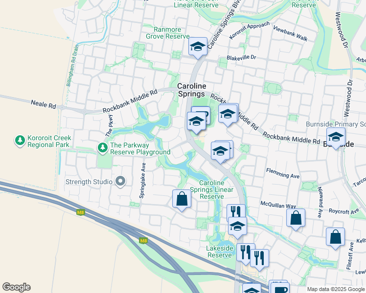 map of restaurants, bars, coffee shops, grocery stores, and more near 1-5 The Close in Caroline Springs