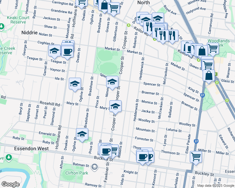 map of restaurants, bars, coffee shops, grocery stores, and more near Cooper Street in Essendon