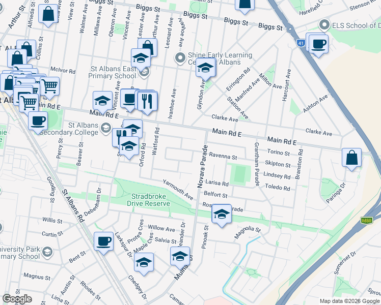 map of restaurants, bars, coffee shops, grocery stores, and more near 2 Chelmsford Crescent in Saint Albans