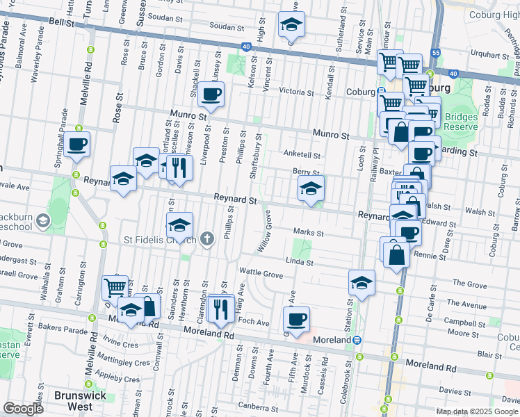 map of restaurants, bars, coffee shops, grocery stores, and more near 17 Willow Grove in Coburg