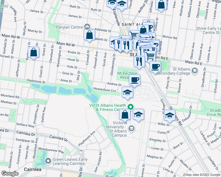 map of restaurants, bars, coffee shops, grocery stores, and more near 31 Howardson Circuit in Saint Albans
