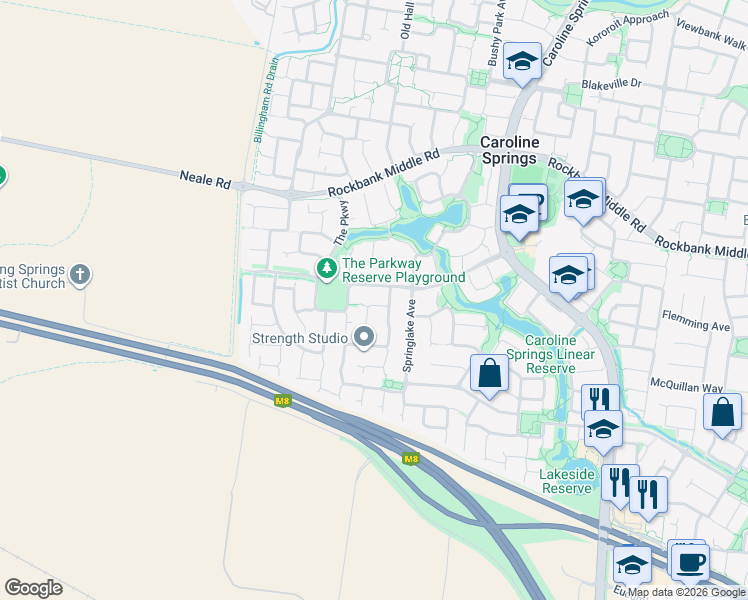 map of restaurants, bars, coffee shops, grocery stores, and more near 18 Macedon Close in Caroline Springs
