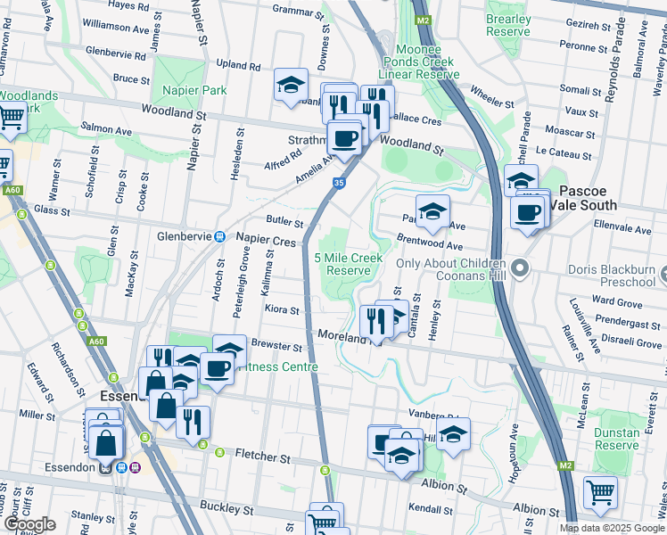 map of restaurants, bars, coffee shops, grocery stores, and more near 2 Government Road in Essendon
