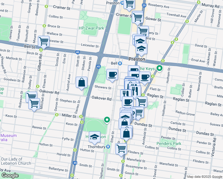 map of restaurants, bars, coffee shops, grocery stores, and more near 19 Railway Place West in Preston