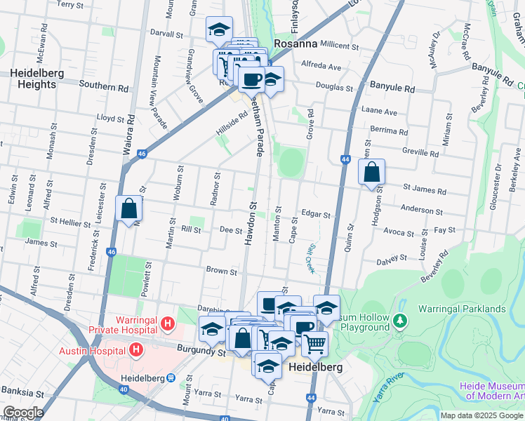 map of restaurants, bars, coffee shops, grocery stores, and more near 184 Hawdon Street in Heidelberg