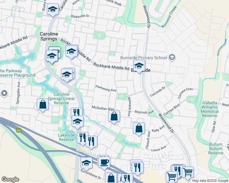 map of restaurants, bars, coffee shops, grocery stores, and more near 3 Flemming Avenue in Burnside