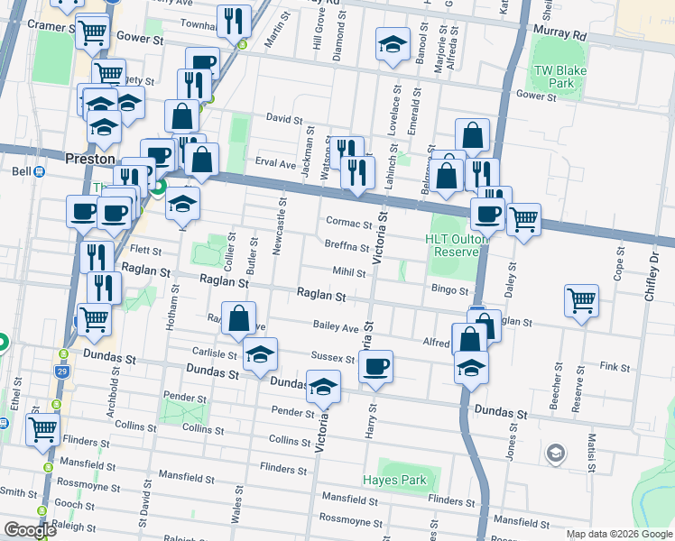 map of restaurants, bars, coffee shops, grocery stores, and more near Mihil Street in Preston
