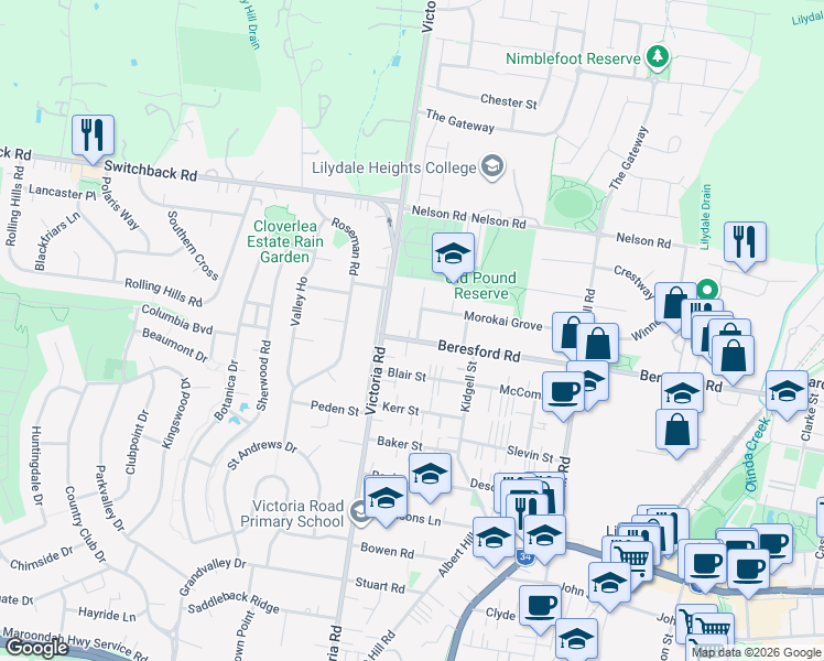 map of restaurants, bars, coffee shops, grocery stores, and more near 9 Beresford Road in Lilydale