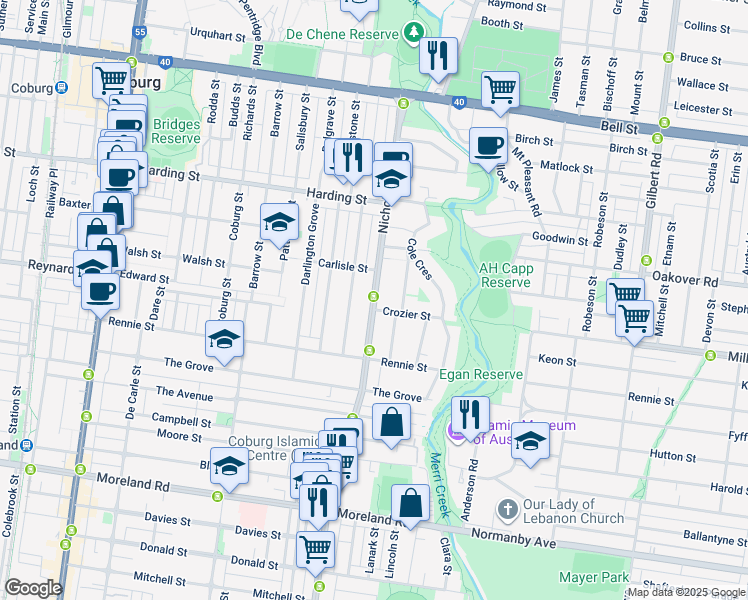 map of restaurants, bars, coffee shops, grocery stores, and more near Nicholson Street in Coburg