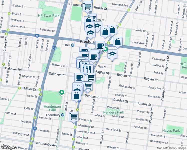 map of restaurants, bars, coffee shops, grocery stores, and more near 100 Plenty Road in Preston