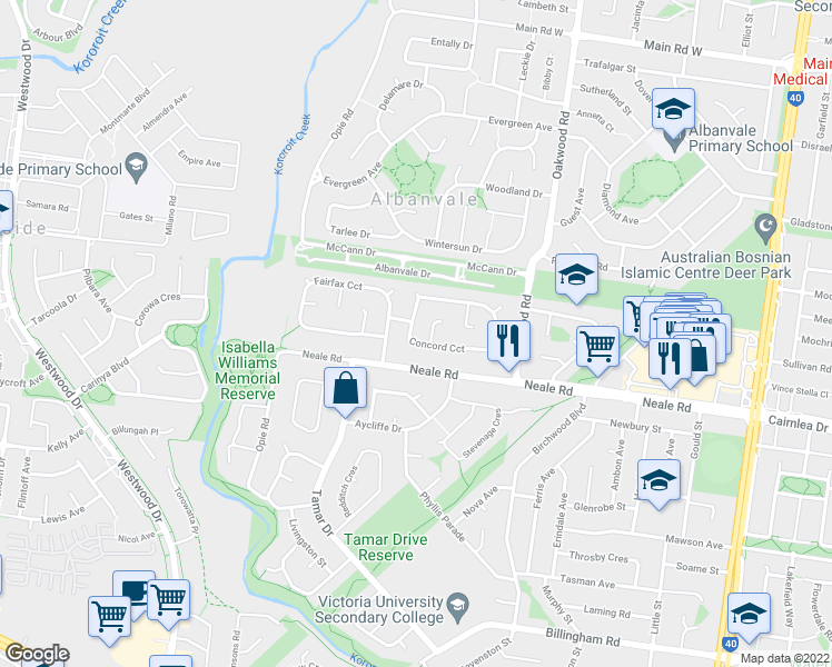 map of restaurants, bars, coffee shops, grocery stores, and more near 28 Concord Circuit in Albanvale