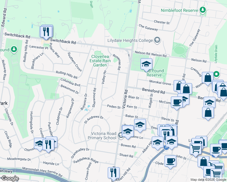 map of restaurants, bars, coffee shops, grocery stores, and more near 31 Roseman Road in Chirnside Park