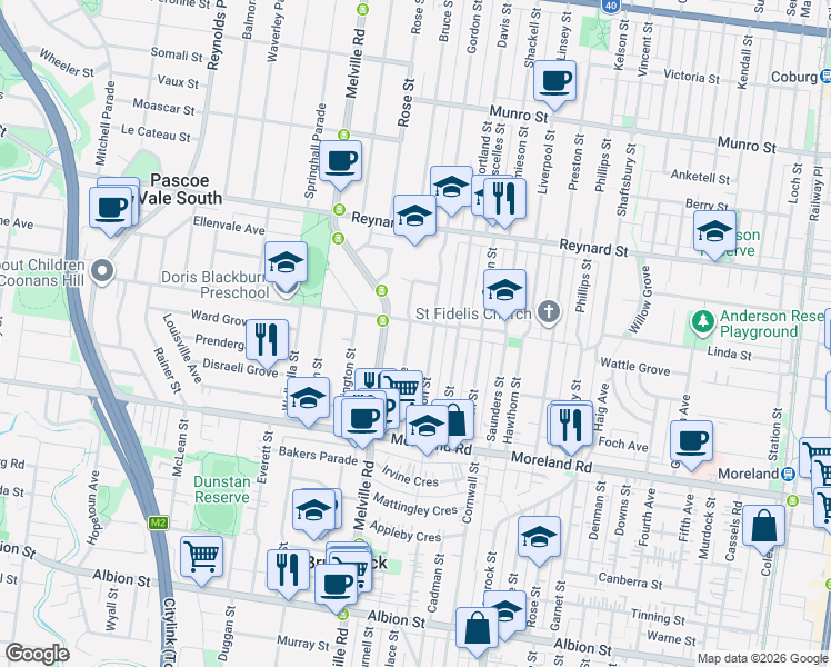 map of restaurants, bars, coffee shops, grocery stores, and more near 46 Devon Avenue in Coburg