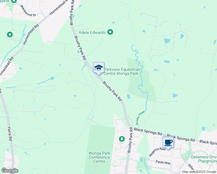 map of restaurants, bars, coffee shops, grocery stores, and more near Brushy Park Road in Wonga Park