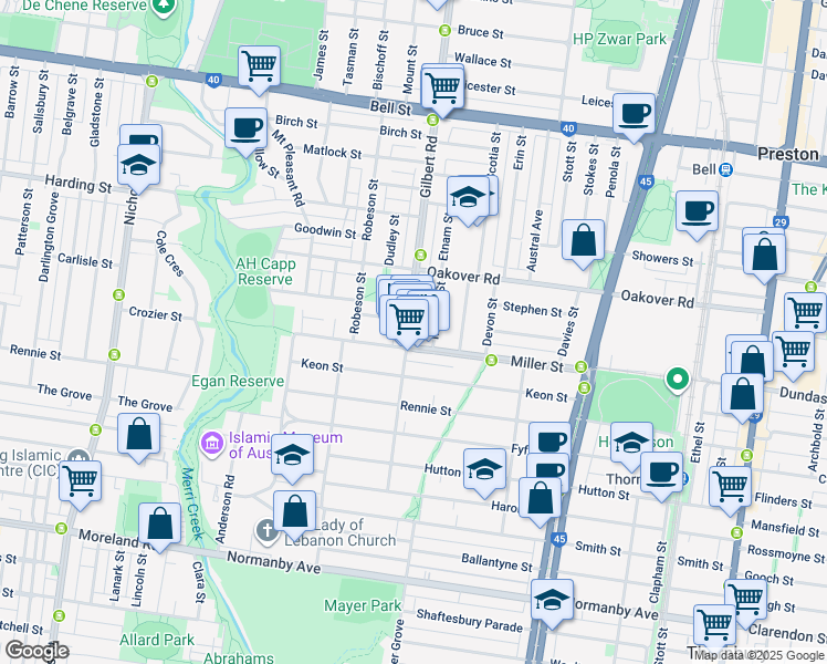 map of restaurants, bars, coffee shops, grocery stores, and more near 14-18 Gilbert Road in Preston