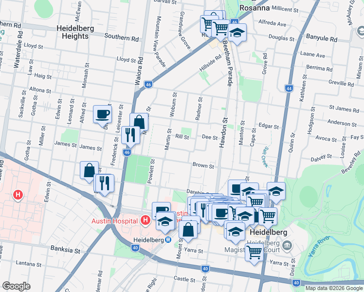 map of restaurants, bars, coffee shops, grocery stores, and more near 10 Cleve Grove in Heidelberg