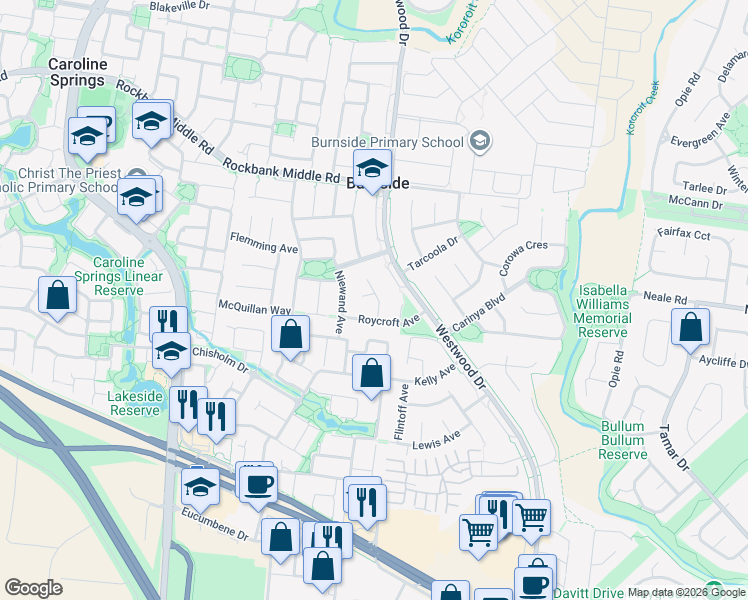 map of restaurants, bars, coffee shops, grocery stores, and more near 1 Devitt Court in Burnside