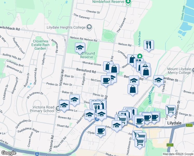 map of restaurants, bars, coffee shops, grocery stores, and more near 12 McComb Street in Lilydale