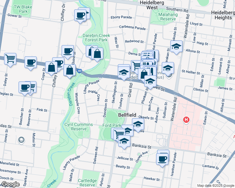 map of restaurants, bars, coffee shops, grocery stores, and more near 13 Wilkinson Crescent in Bellfield