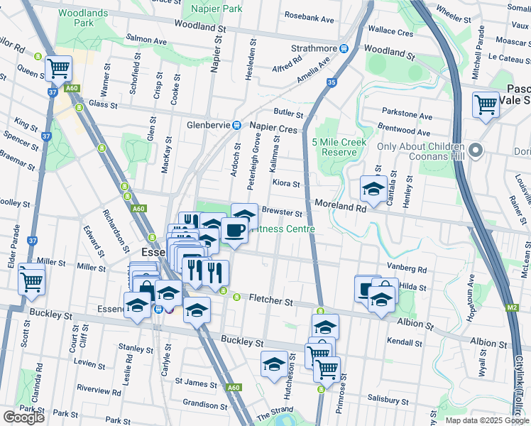 map of restaurants, bars, coffee shops, grocery stores, and more near 23 Brewster Street in Essendon