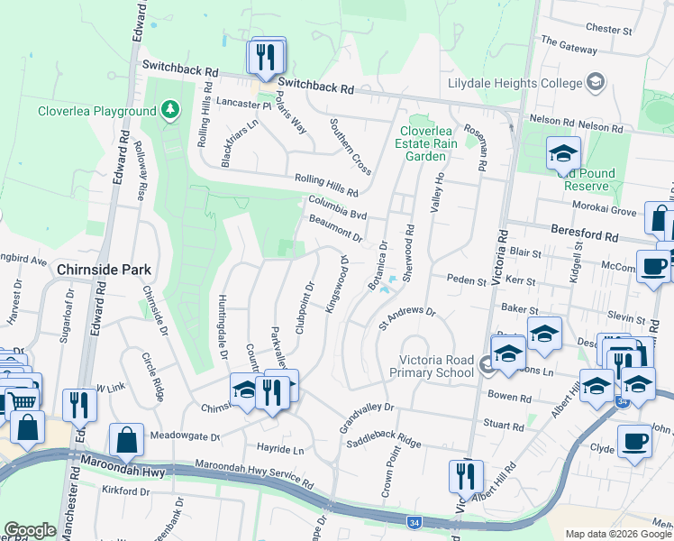 map of restaurants, bars, coffee shops, grocery stores, and more near 45 Kingswood Drive in Chirnside Park