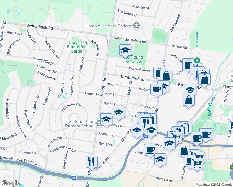 map of restaurants, bars, coffee shops, grocery stores, and more near 14 Kerr Street in Lilydale