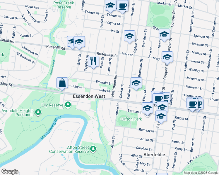 map of restaurants, bars, coffee shops, grocery stores, and more near 11 Hoffmans Road in Essendon West