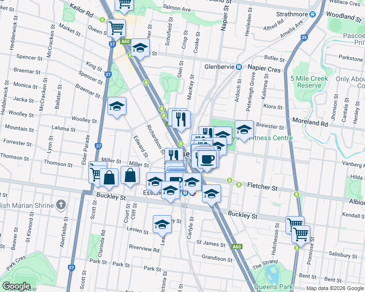 map of restaurants, bars, coffee shops, grocery stores, and more near in Essendon