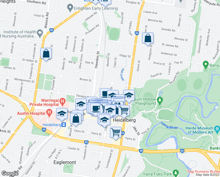 map of restaurants, bars, coffee shops, grocery stores, and more near 145 Cape Street in Heidelberg