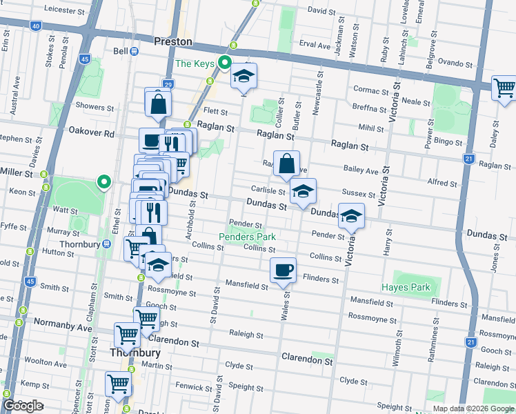 map of restaurants, bars, coffee shops, grocery stores, and more near 64A Dundas Street in Thornbury