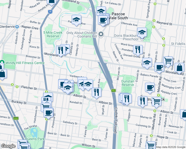 map of restaurants, bars, coffee shops, grocery stores, and more near 22 Donald Avenue in Essendon