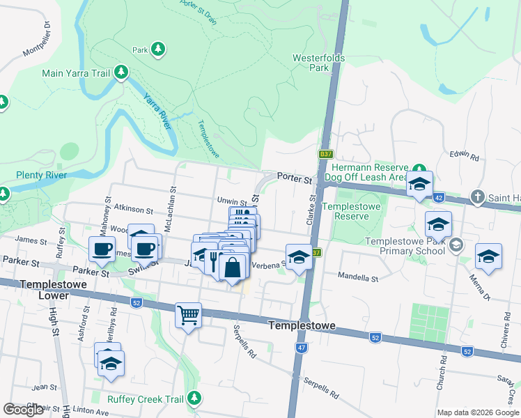 map of restaurants, bars, coffee shops, grocery stores, and more near 68 Anderson Street in Templestowe