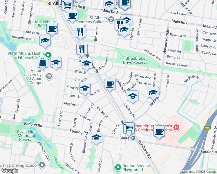 map of restaurants, bars, coffee shops, grocery stores, and more near 87 Saint Albans Road in Saint Albans