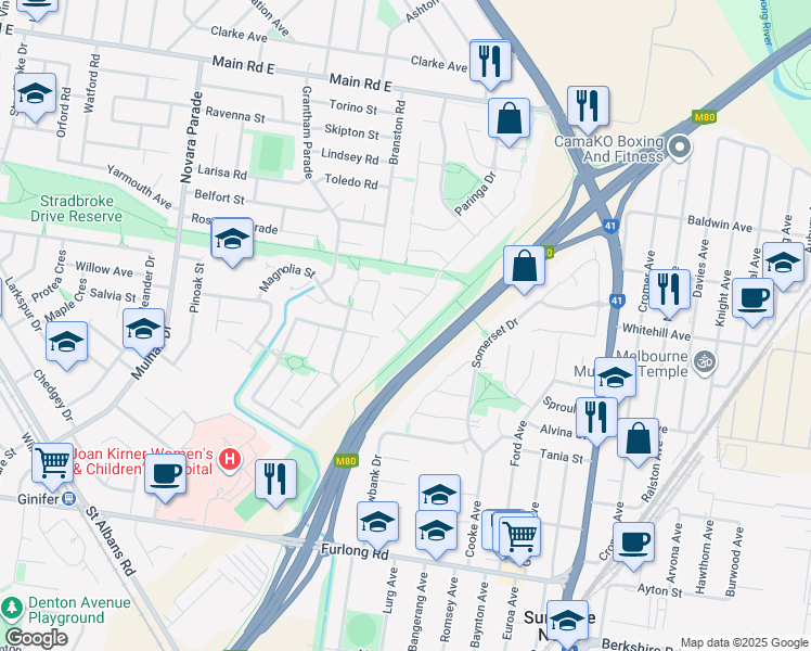 map of restaurants, bars, coffee shops, grocery stores, and more near 28 Currunghi Court in Saint Albans