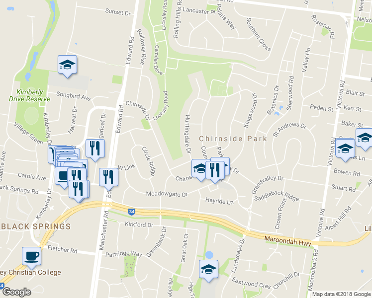 map of restaurants, bars, coffee shops, grocery stores, and more near 21 Huntingdale Drive in Chirnside Park
