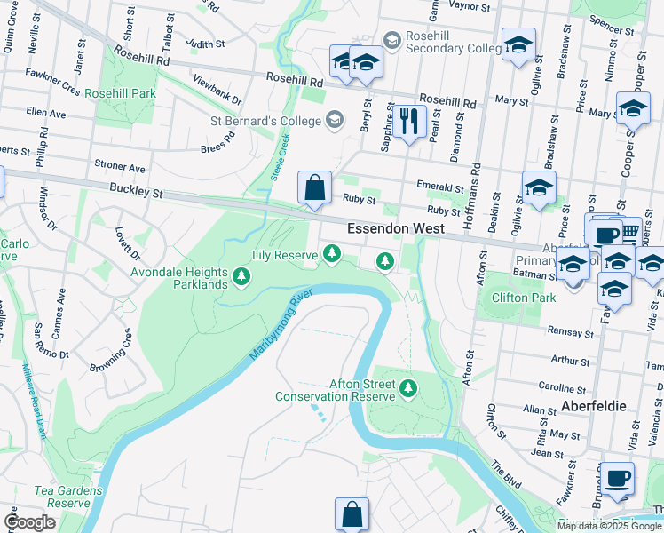 map of restaurants, bars, coffee shops, grocery stores, and more near in Essendon West