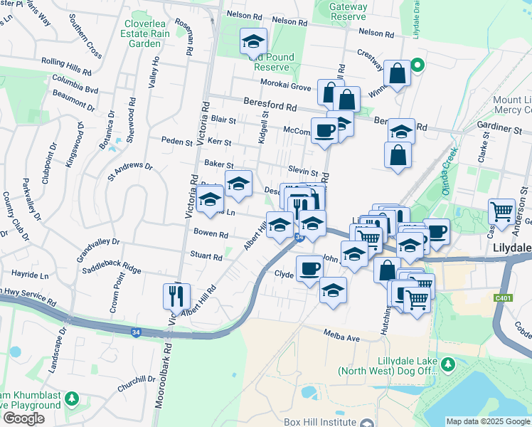 map of restaurants, bars, coffee shops, grocery stores, and more near 26 Albert Hill Road in Lilydale