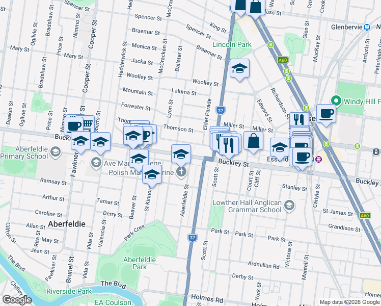 map of restaurants, bars, coffee shops, grocery stores, and more near 254 Buckley Street in Essendon