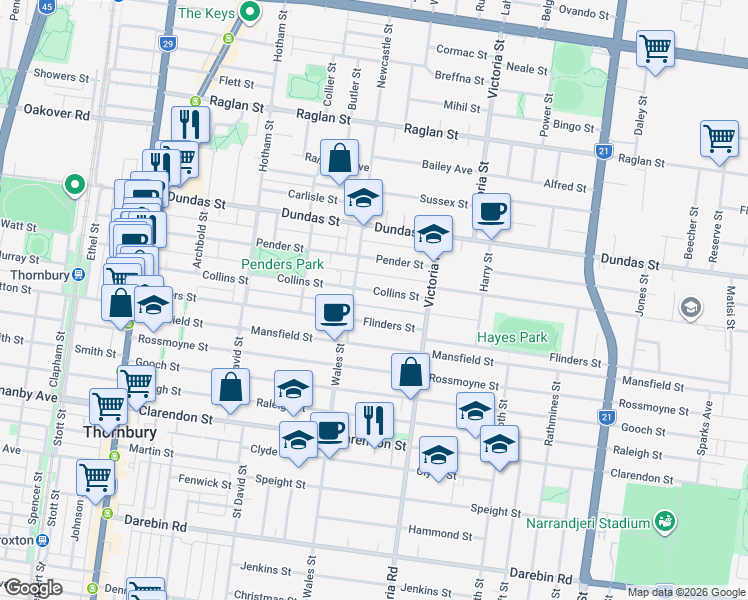 map of restaurants, bars, coffee shops, grocery stores, and more near 100 Collins Street in Thornbury
