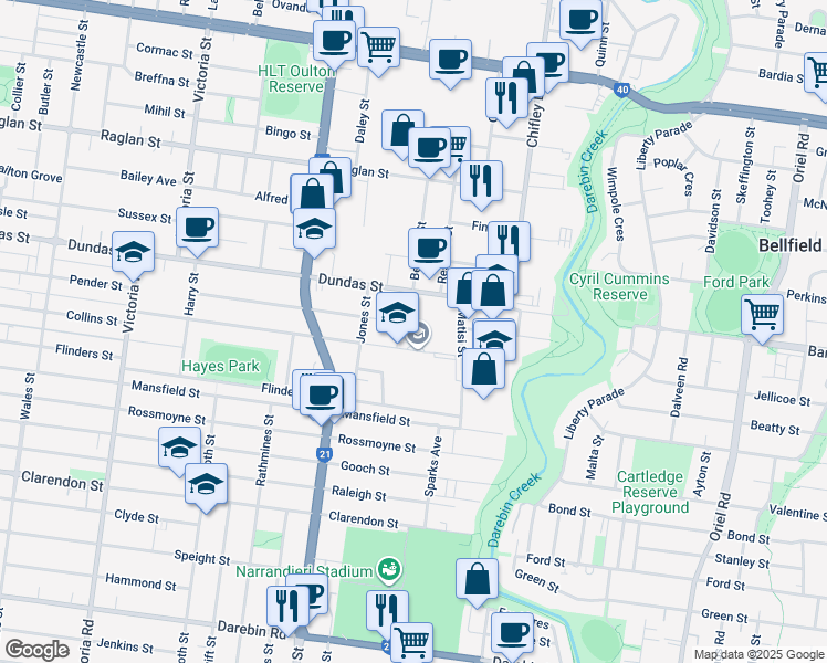 map of restaurants, bars, coffee shops, grocery stores, and more near 238 Collins Street in Thornbury