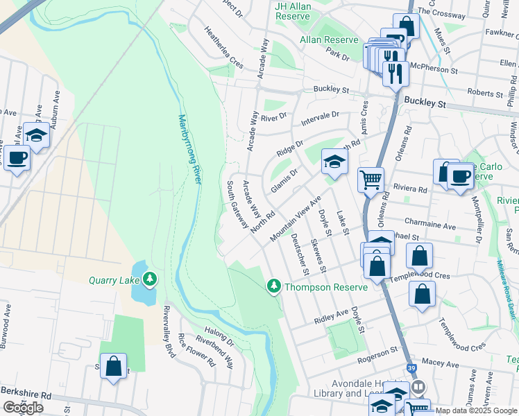 map of restaurants, bars, coffee shops, grocery stores, and more near 4 Arcade Way in Avondale Heights