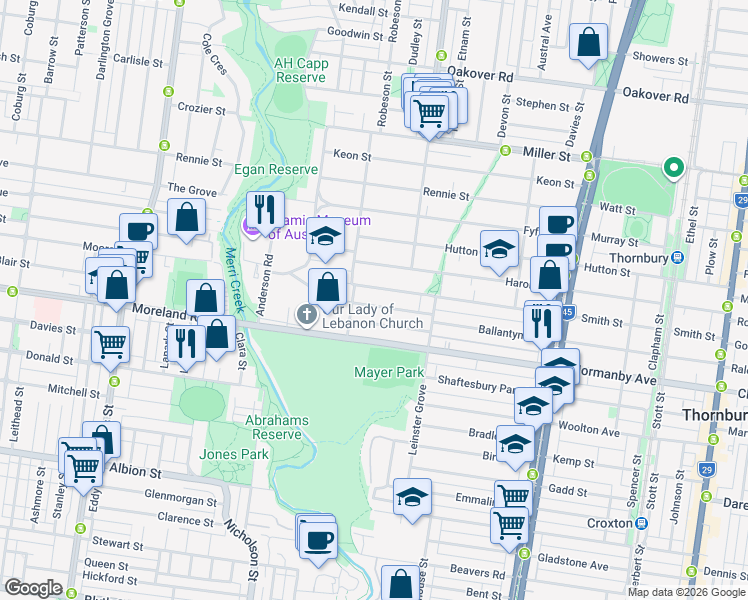 map of restaurants, bars, coffee shops, grocery stores, and more near 40 Newman Street in Thornbury