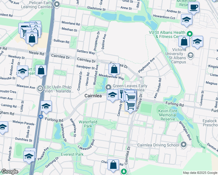 map of restaurants, bars, coffee shops, grocery stores, and more near 4 Shearwater Court in Cairnlea