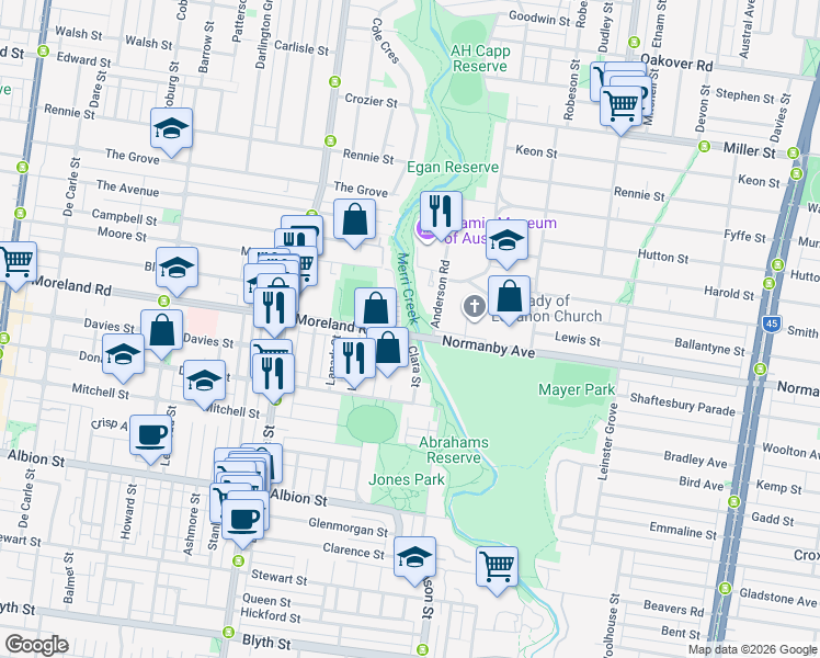 map of restaurants, bars, coffee shops, grocery stores, and more near 1A Moreland Road in Coburg
